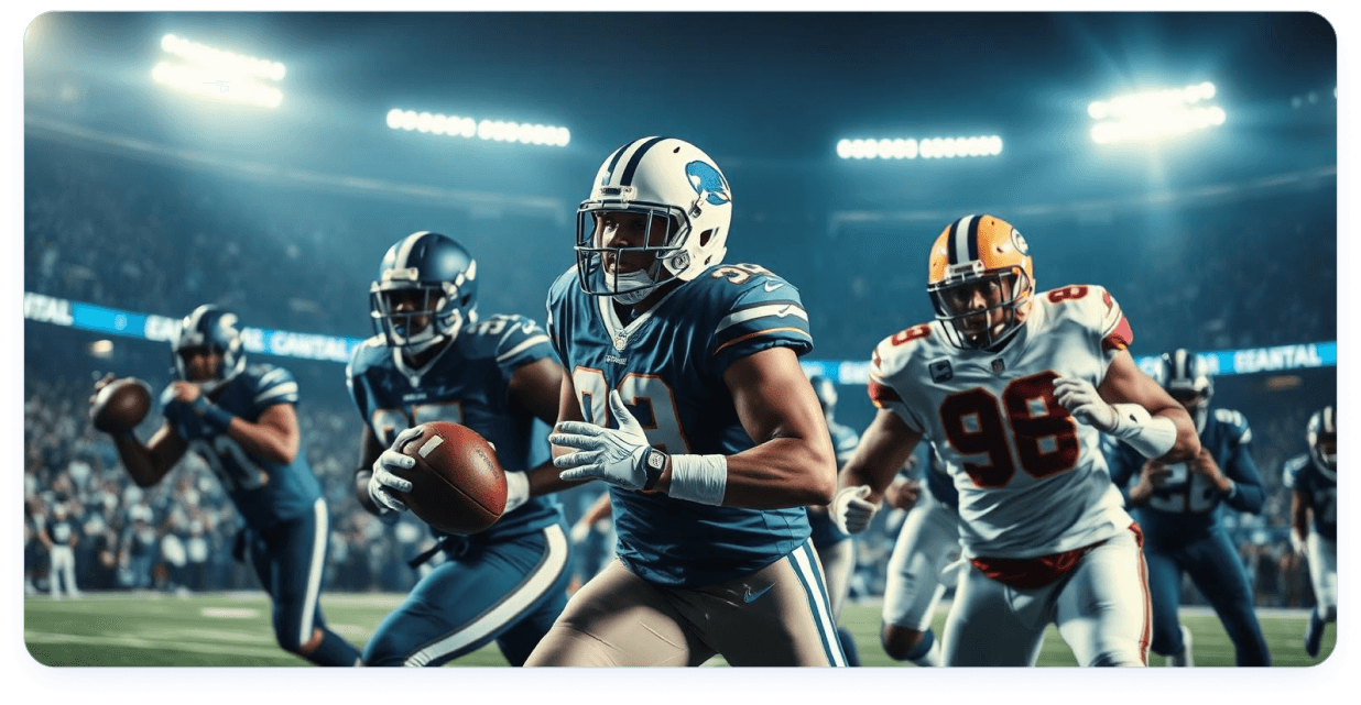 American football action in a lit stadium at night